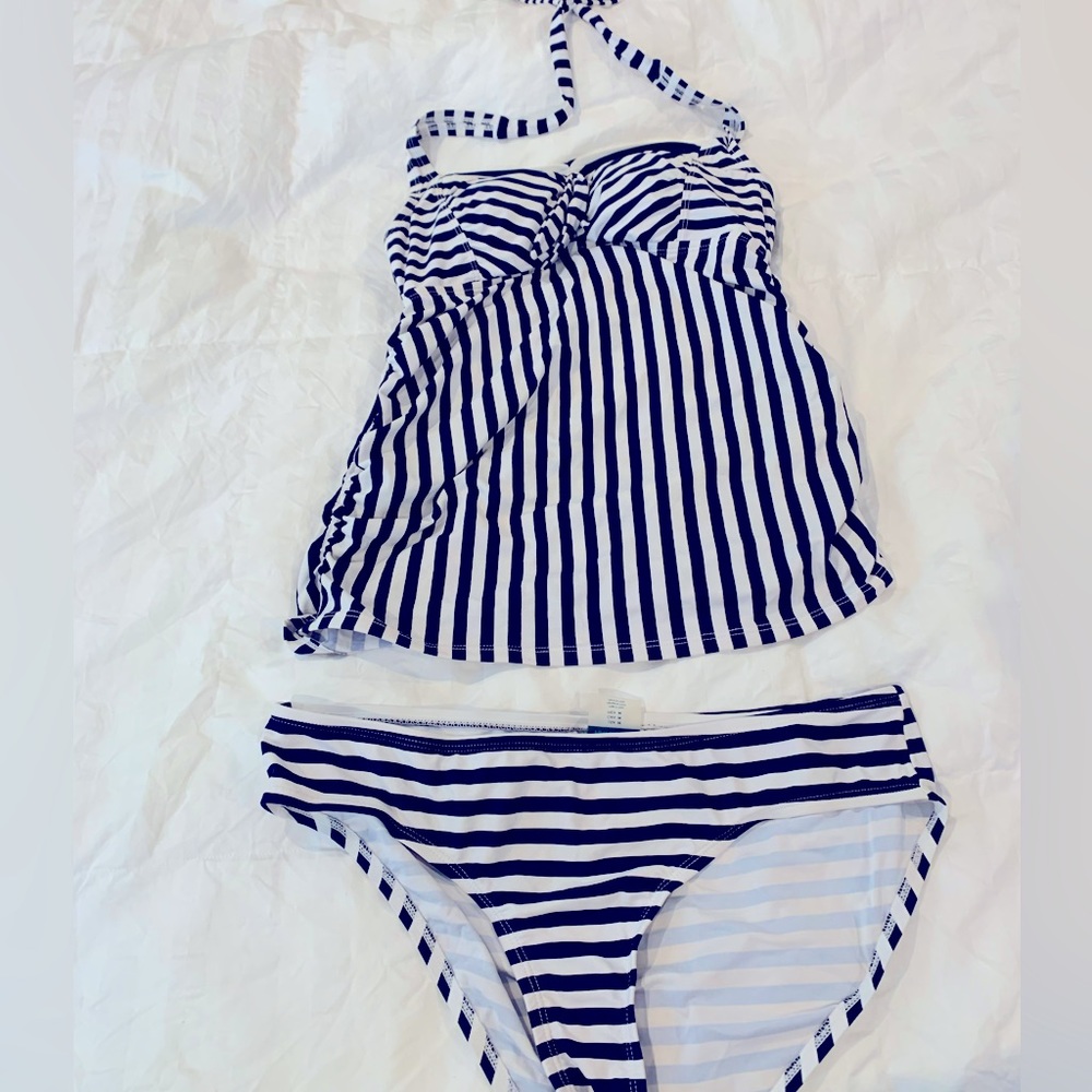 Navy and white stripe maternity tankini